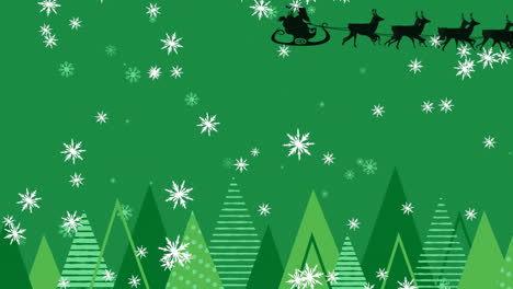 Animation-of-snowflakes,-santa-riding-sleigh-with-reindeers-and-trees-against-green-background