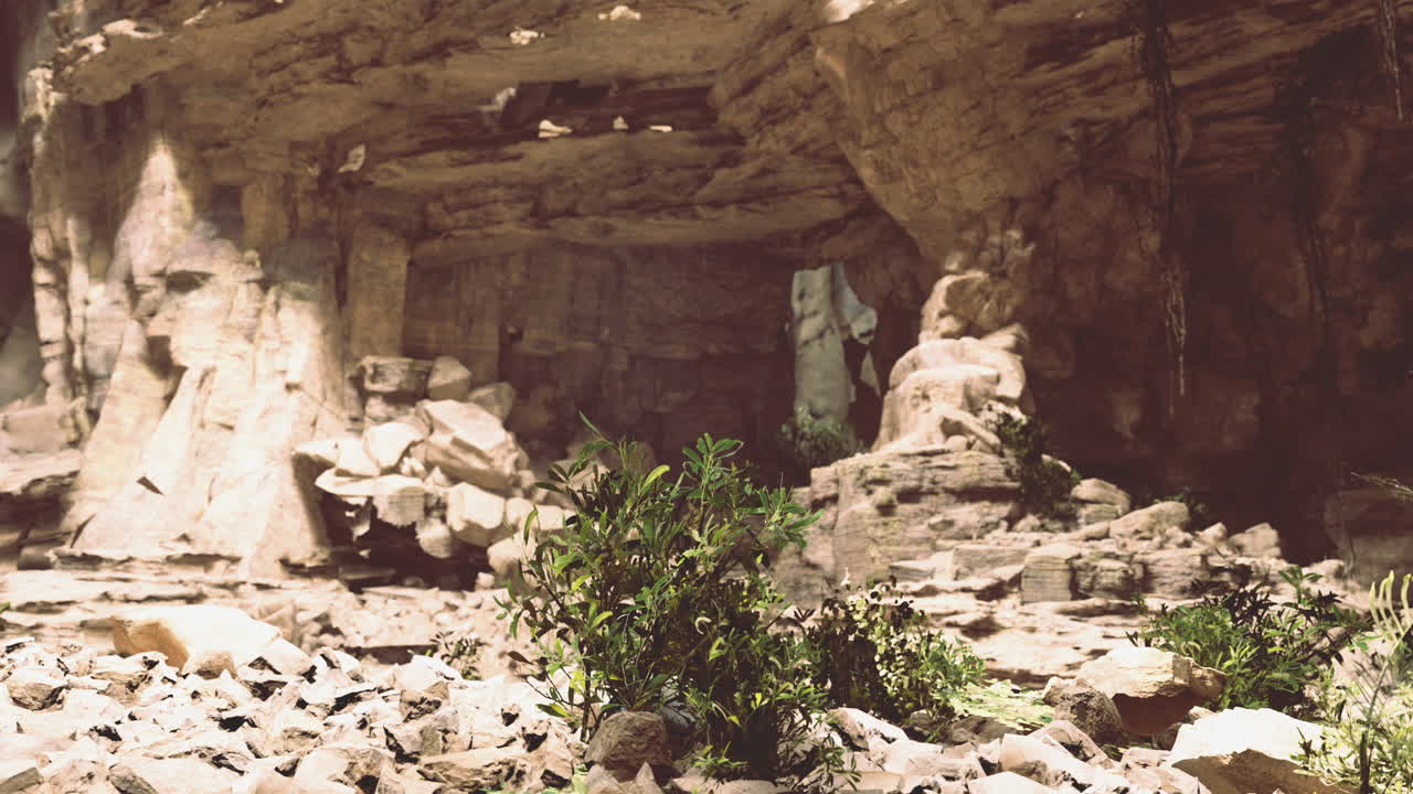 Rocky cave with vegetation in a dry landscape during the day