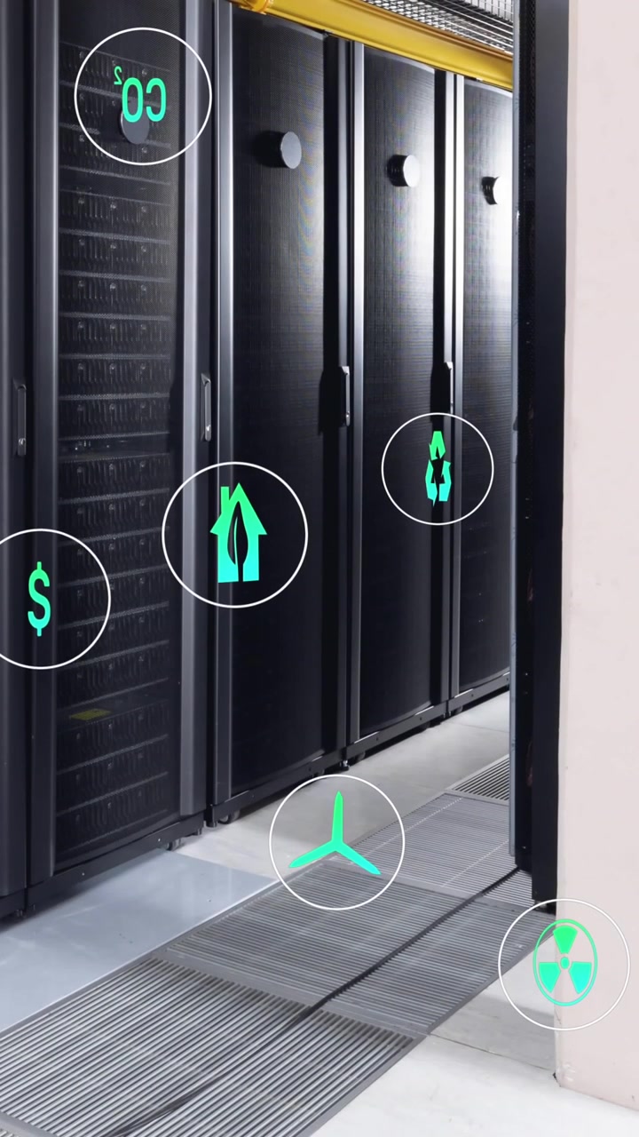 Animation af ikoner i cirkler, der svæver over dataserverreoler i et serverrum.