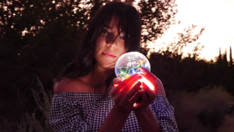 A beautiful woman sorceress wandering in a fantasy landscape with a magical spiritual orb glowing in illuminated light