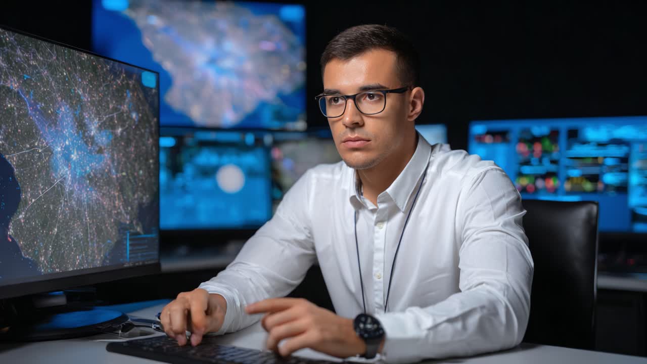 Focused Analyst Analyzing Data Trends on Multiple Monitors in a High-Tech Control Room Environment