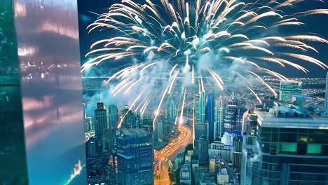 colorful fireworks explode over the dubai skyline at night, illuminating the city in a vibrant display