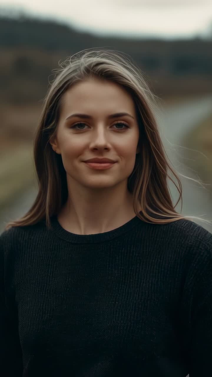 Vertical video: Turning woman facing lens after camera focusing, smiling in black sweater on road