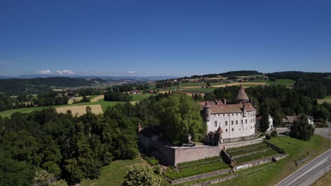 château d'oron castle in oron, vaud, switzerland aerial drone landscape historical landmark
