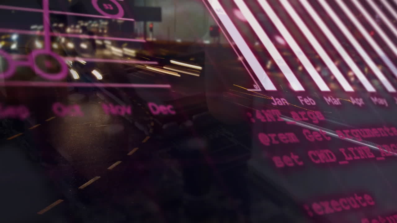 Animation of financial data processing over cityscape