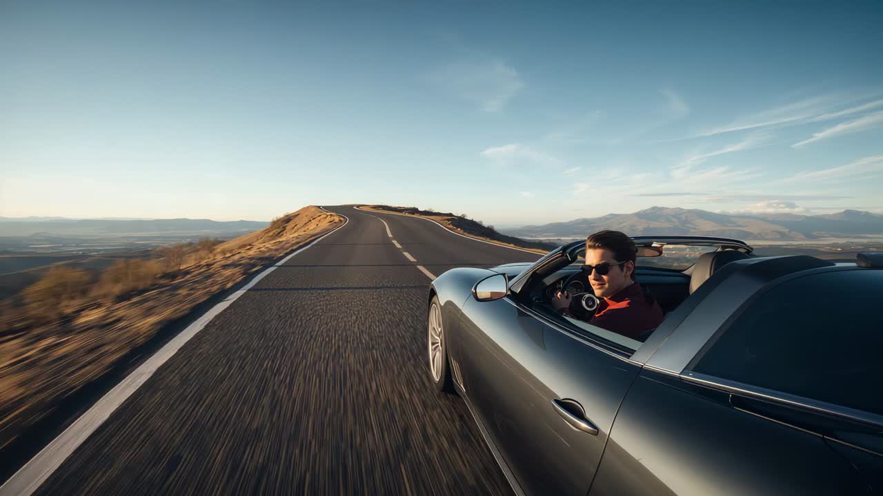 Heading uphill bend, driver red-top shades steering drop-top on two-lane road to crest, copy space