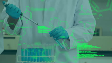 animation of data processing with chemical formula over caucasian male scientist in lab