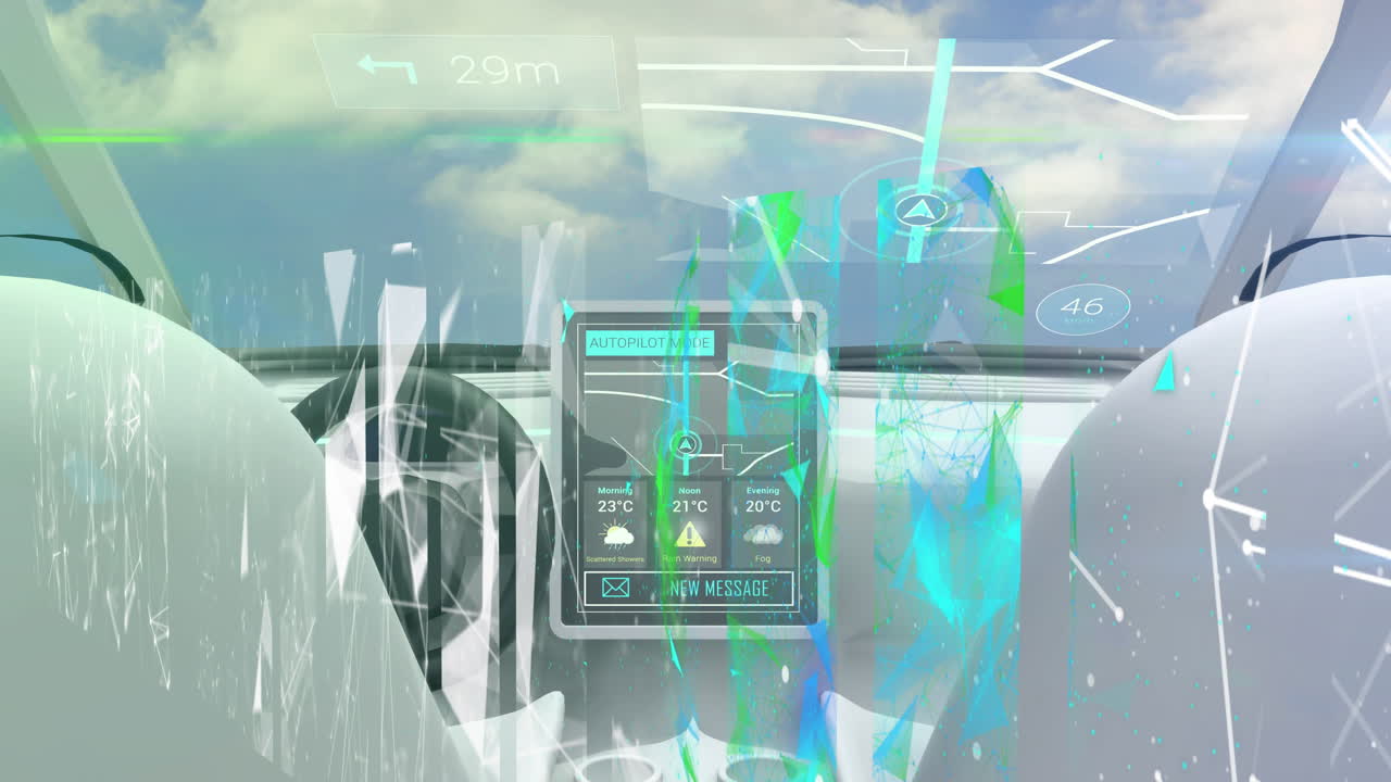 자율주행 자동차의 대시보드에서 연결 네트워크와 데이터 처리의 애니메이션