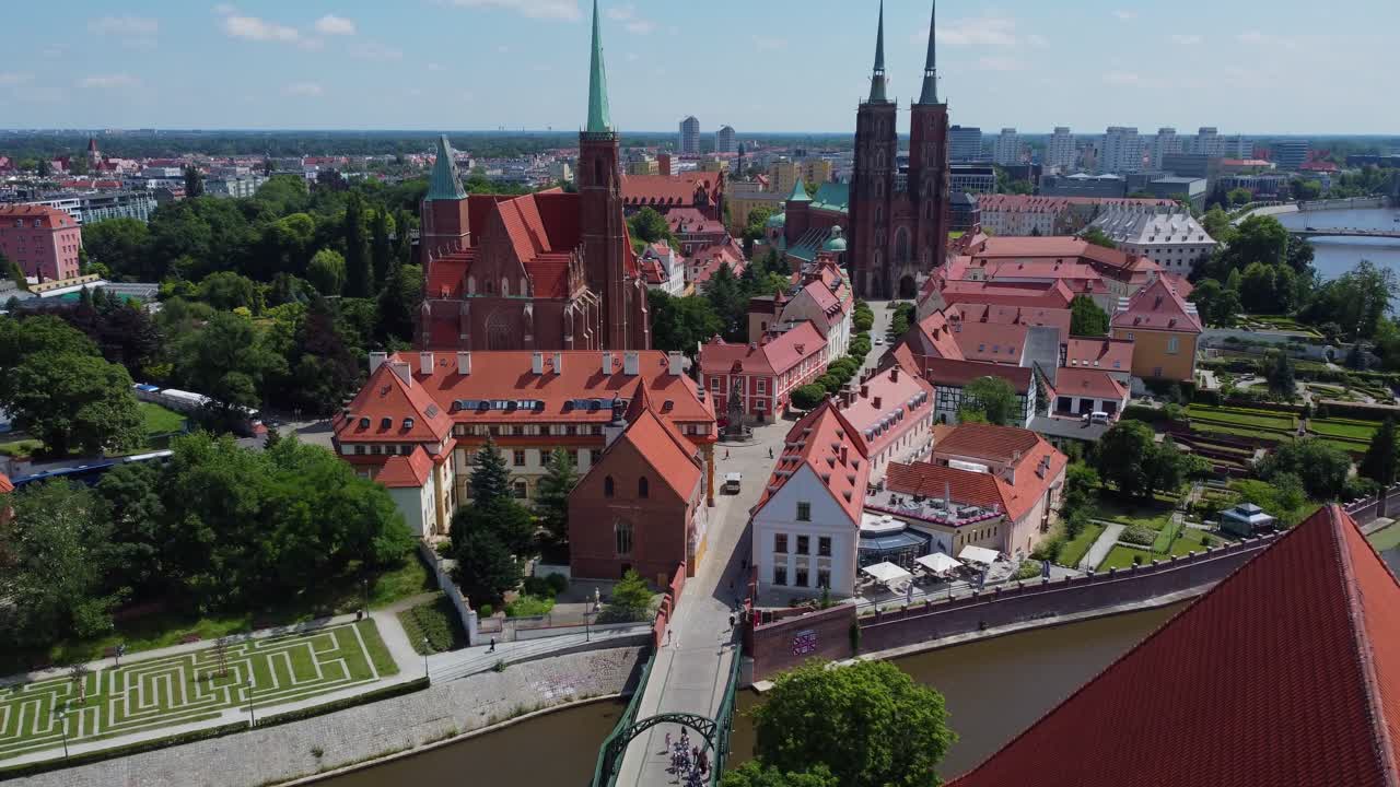 Drone perspective of Wroclaw's Medieval Cathedral Island