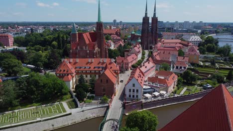 drone perspective of wroclaw's medieval cathedral island