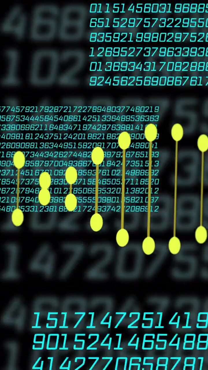 Animation of dna strand over data processing on black background