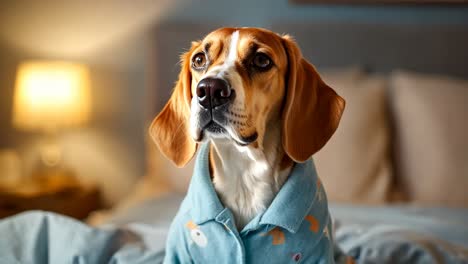 a dog wearing a blue pajamas sitting on a bed