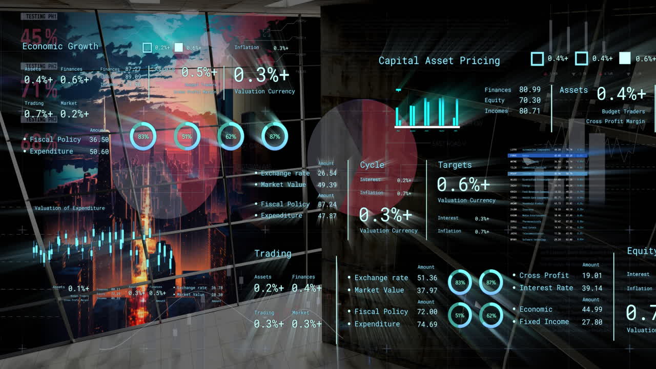Animasjon av databehandling over en moderne leilighet og et bylandskap