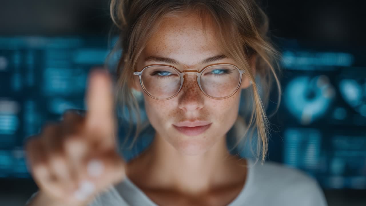A focused young woman with striking blue eyes and glasses demonstrating determination, captured in two frames showing her progression from calm to assertive action