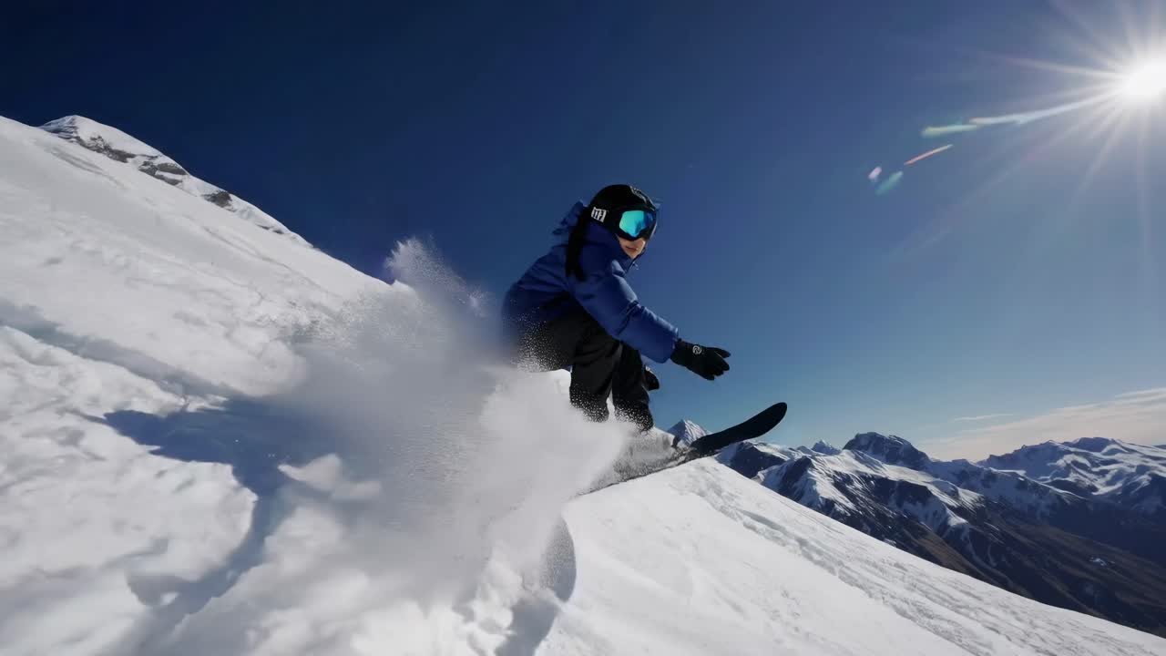 Dynamic video of a snowboarder captured from a low-angle, showcasing speed and skill on a sunny