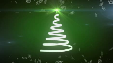 Animation-of-christmas-tree-formed-with-white-ribbon-and-snow-falling