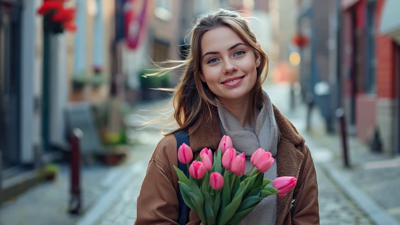 Молодая женщина с букетом розовых тюльпанов на очаровательной улице