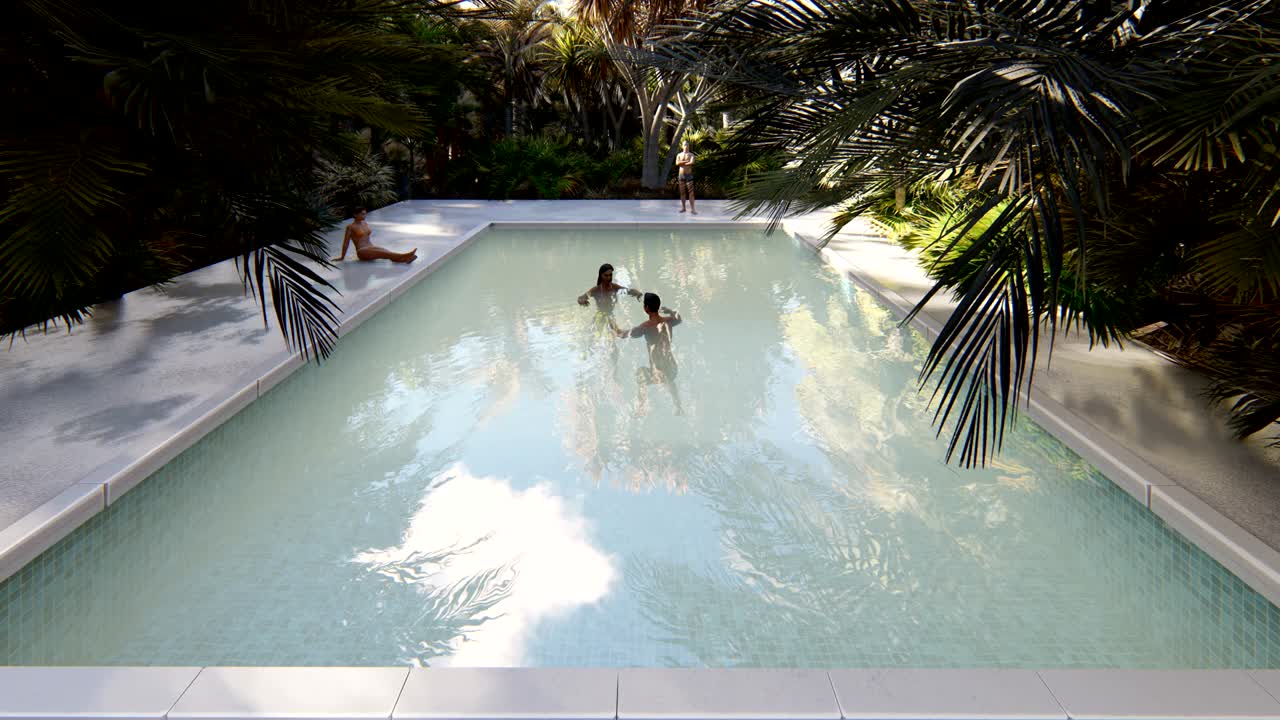 Smuk swimmingpool med badende mennesker på en fortabt tropisk ø på en klar solskinsdag. Looped realistisk 3D-animation