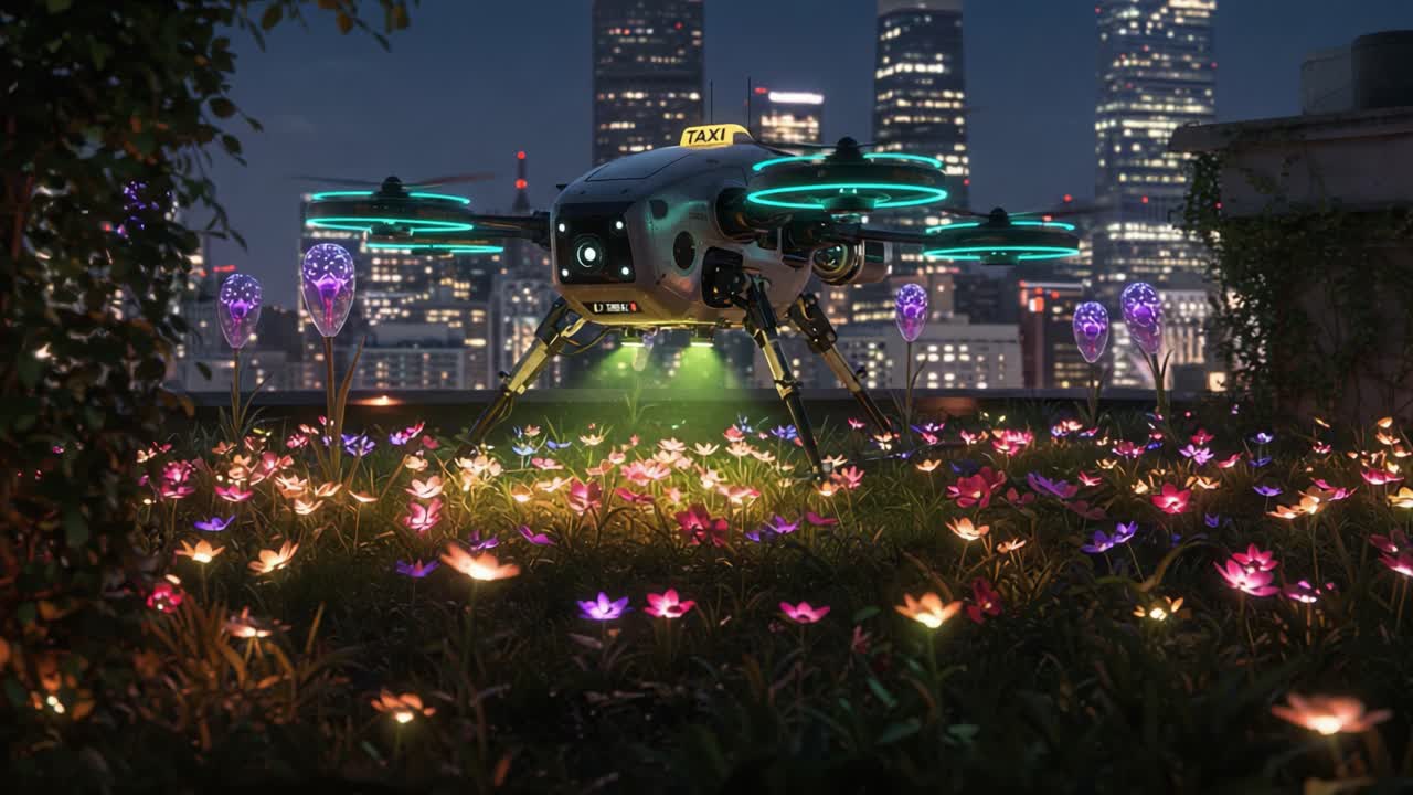 A futuristic drone taxi rests among vibrant flowers on a rooftop, illuminated by city lights, showcasing a blend of technology and nature in an urban landscape
