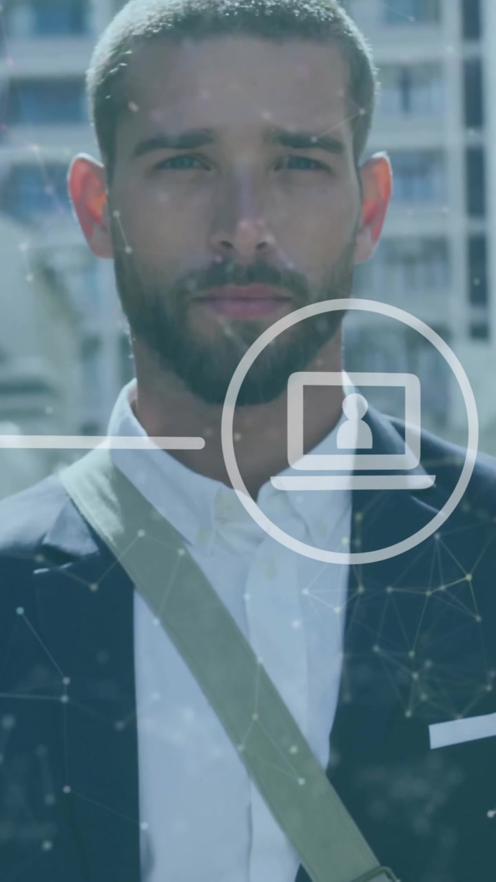 Animazione di elaborazione dati finanziari su uomo d'affari caucasico in città