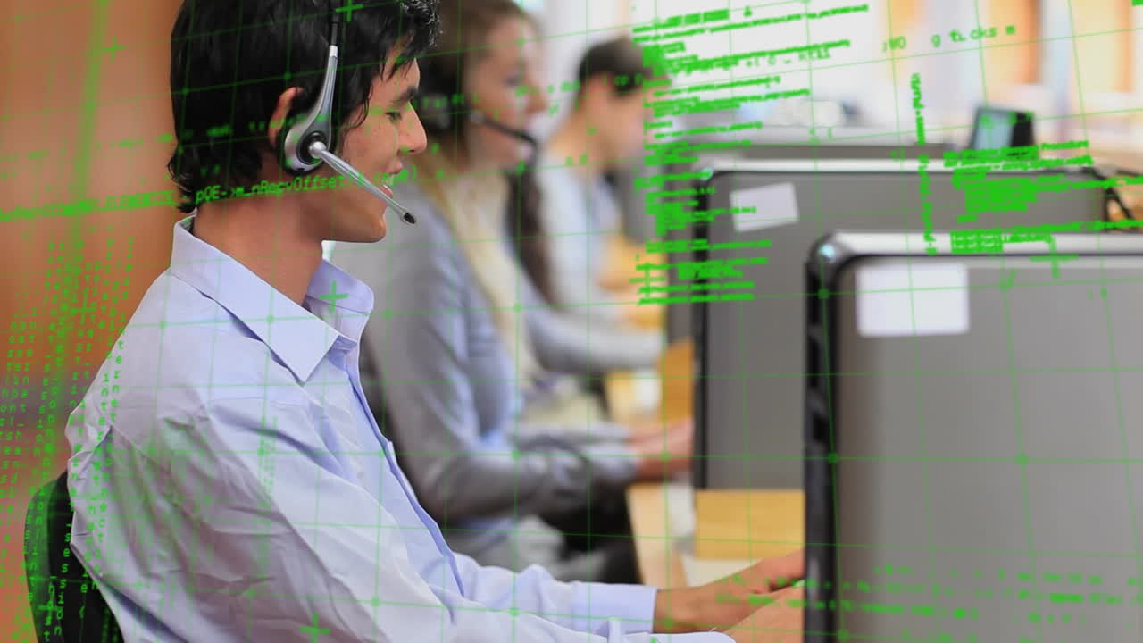 휴대폰 헤드 ⁇ 을 착용한 사람들 위에서 금융 데이터 처리의 애니메이션