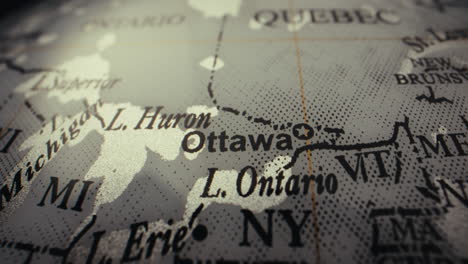 close-up of a world globe, focusing on the ottawa region
