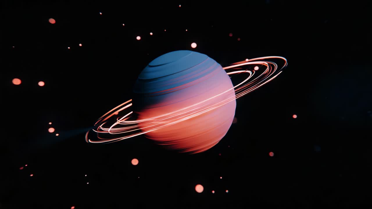 A Stunning 3D Visualization of a Planet with Striking Rings and Orbiting Particles in a Cosmic Scene Filled with Vivid Colors and Ethereal Light Effects