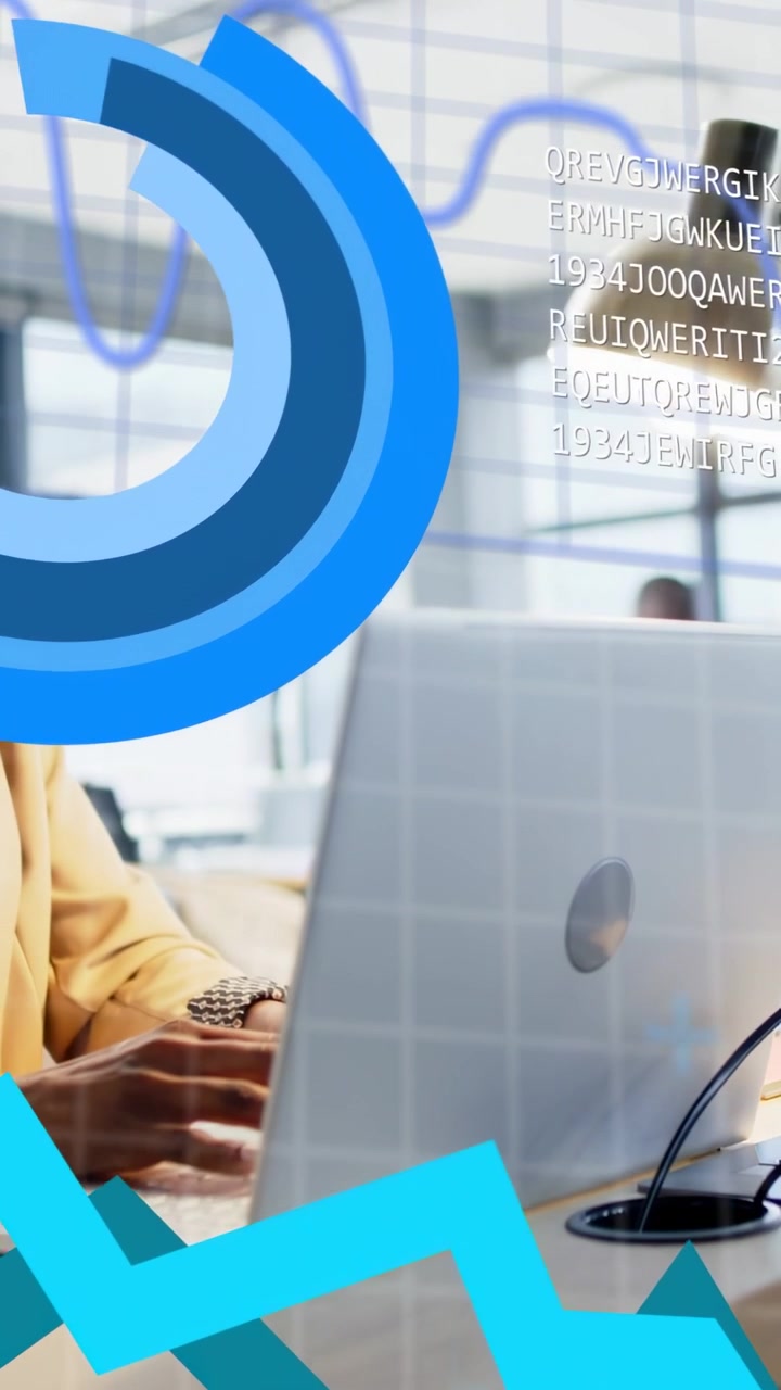 Vertical video: Female analyst typing at laptop, making data grid and finance charts over keyboard