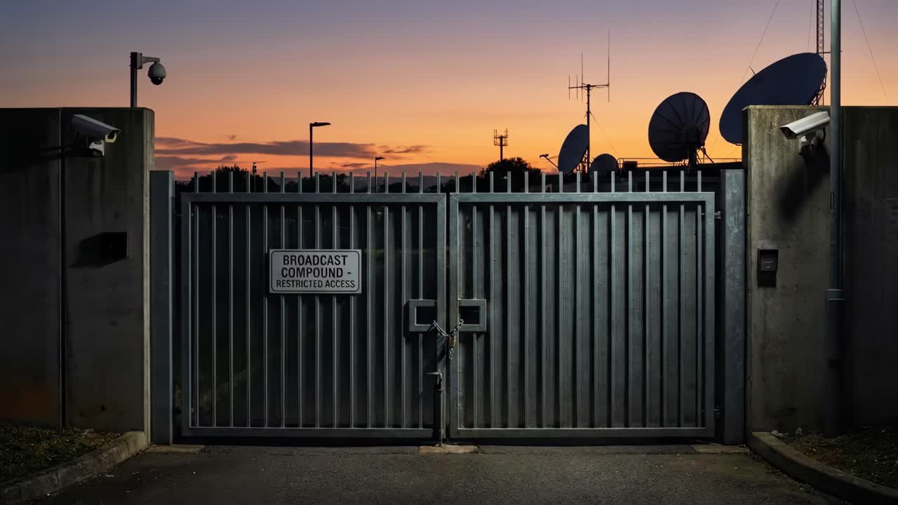 Cancello ad accesso limitato per un complesso di trasmissione con antenne paraboliche al tramonto