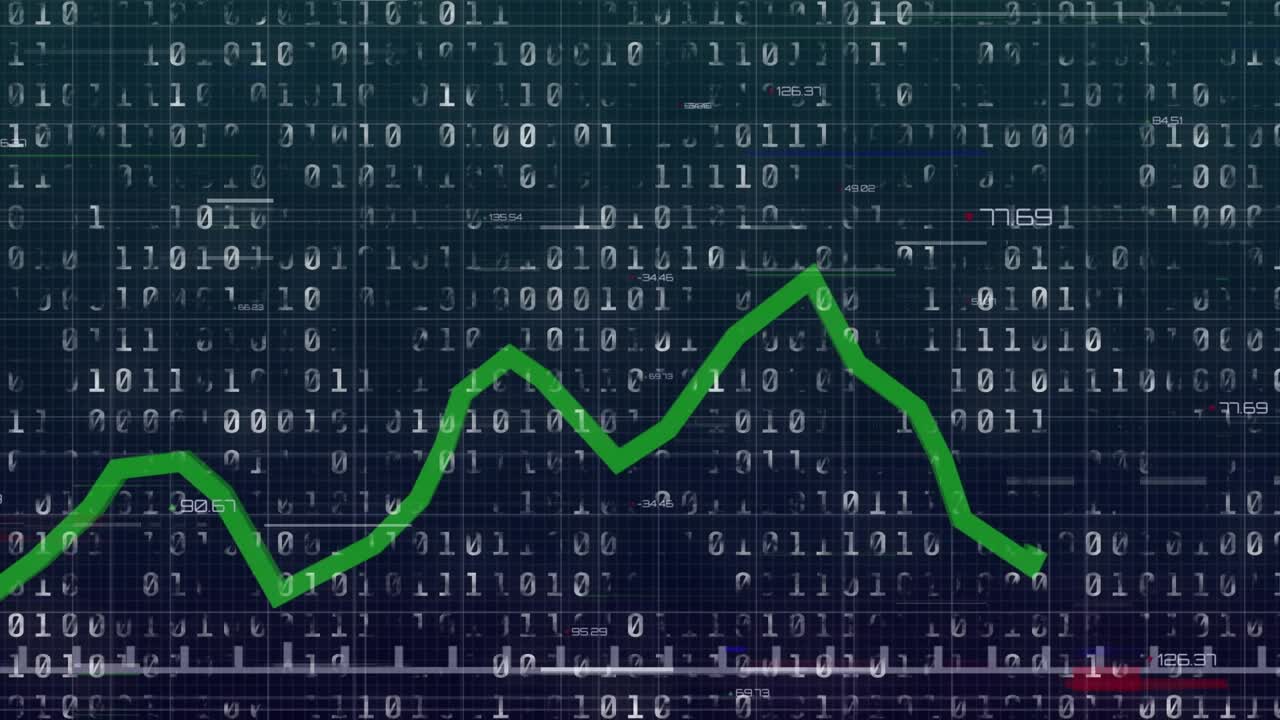 Animation of green line and binary coding data processing over dark background