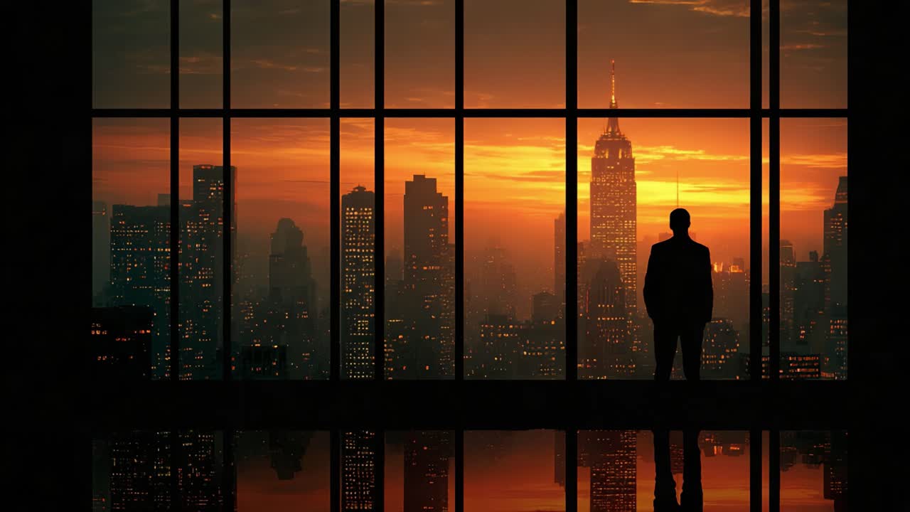 Silueta de una figura contemplativa contra un vibrante horizonte al atardecer, capturando la esencia de la vida urbana y la belleza del crepúsculo en una ciudad bulliciosa.