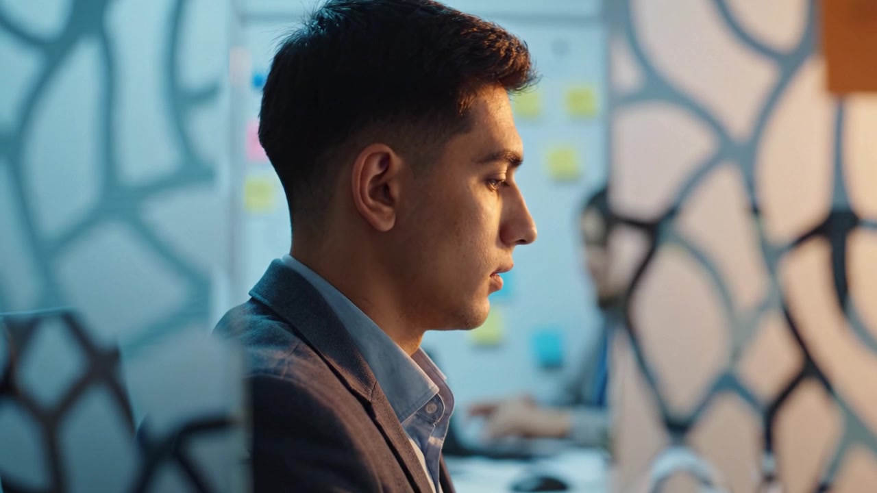 Focused Young Professional in a Modern Office Environment Analyzing Data and Planning Strategies for Future Success Amidst a Creative Workspace Atmosphere
