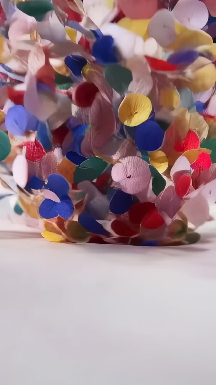 Video verticale: coriandoli che cadono e si disperdono, riempiendo il piano del tavolo bianco vicino a un buco nero