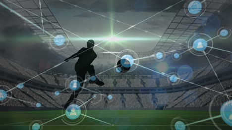경기장에서 남자 축구 선수의 실루 ⁇ 을 가로지르는 연결의 애니메이션