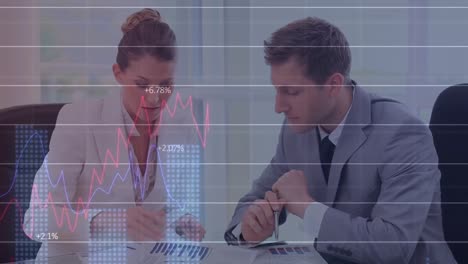 animation of statistical data processing over caucasian businessman and businessman discussing