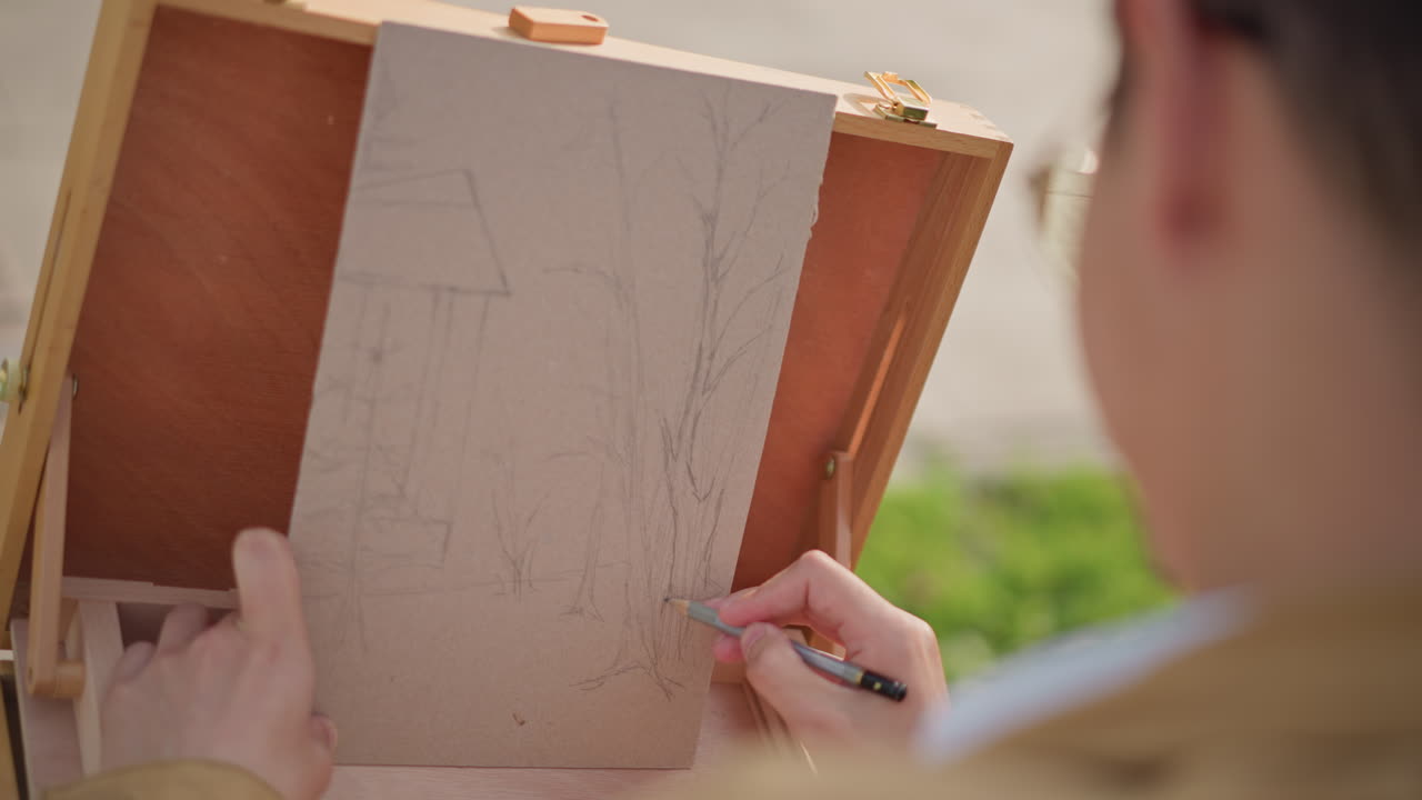 artista che disegna una casa su un'area di lavoro da sopra la spalla, mani di uno studente che rifiniscono le linee degli alberi su un cavalletto portatile, piazza cittadina sullo sfondo con vegetazione, luce diurna intensa, sessione di studio concentrata