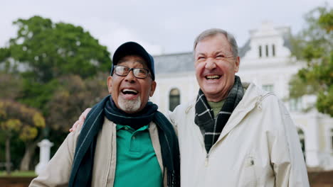 nature, happy and senior men walking in outdoor