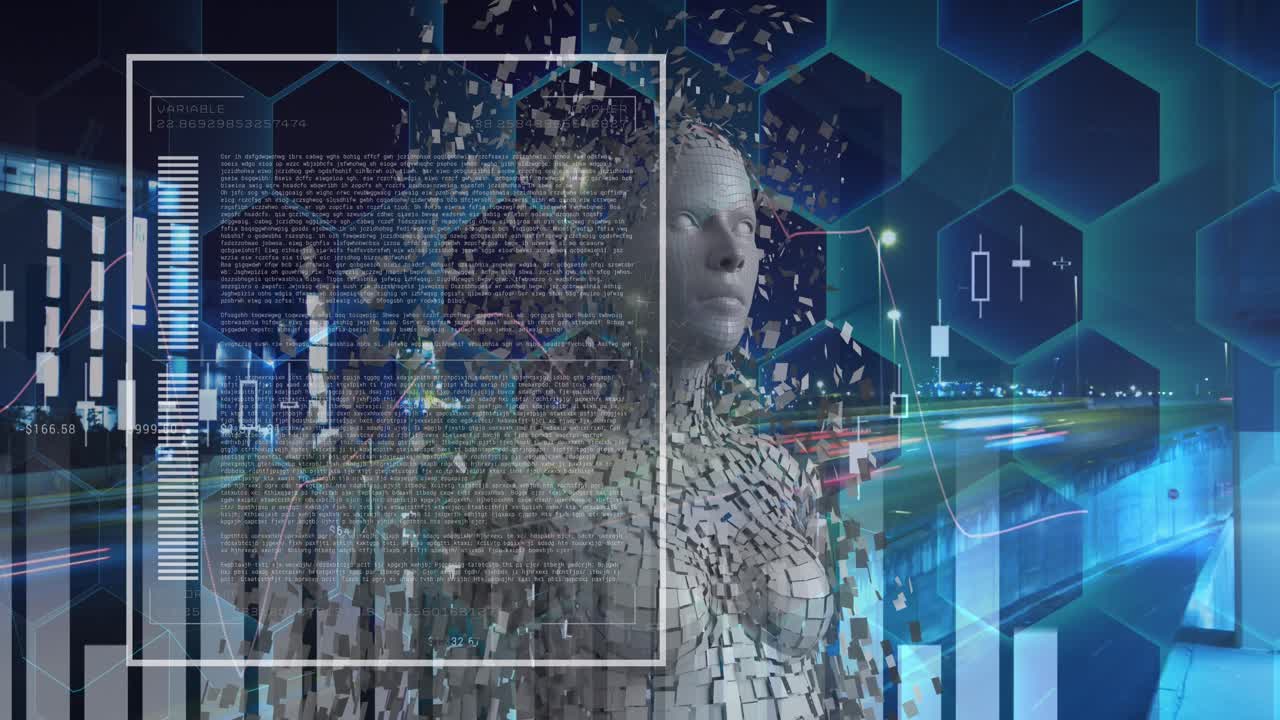 Animation of digital human, multiple graphs and data over time-lapse of moving vehicle and buildings