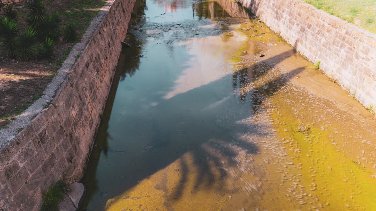 Moving timelapse of Palma City Canal and Walls (Mallorca, Spain).
Ancient stone walls with a peaceful canal and blooming flowers under clear blue skies.