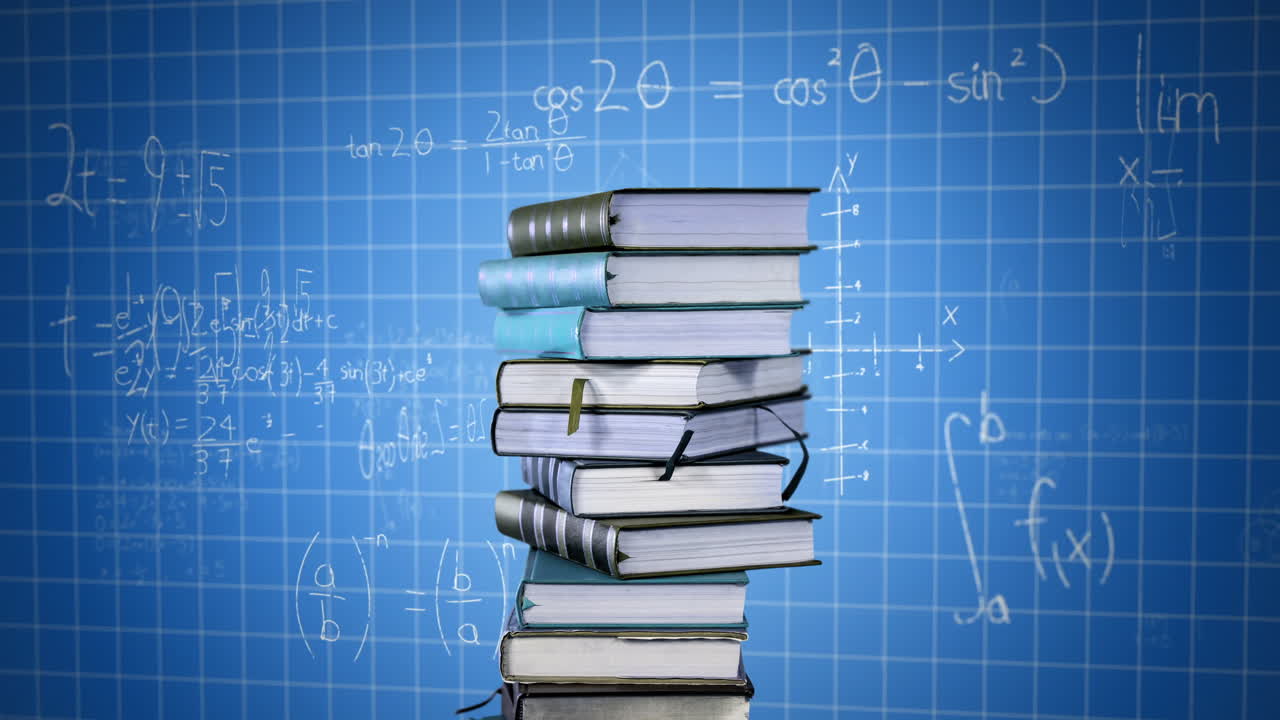 Bücherstapel und mathematische Gleichungen und Grafiken