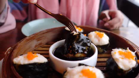 delicious shrimp dumplings with soy sauce