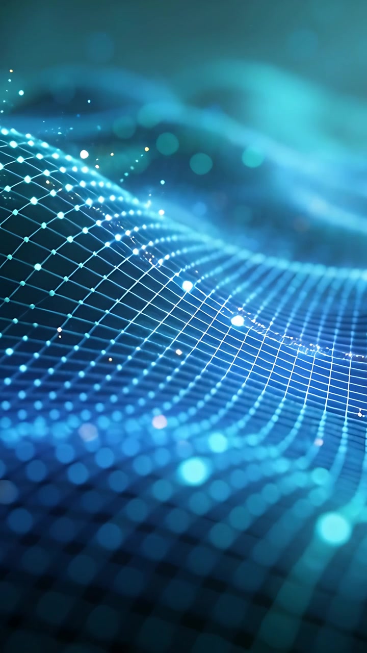 Video vertical: Al reproducirse, una malla brillante ondea en un plano verde azulado mientras los nodos se desplazan, mostrando el flujo de datos