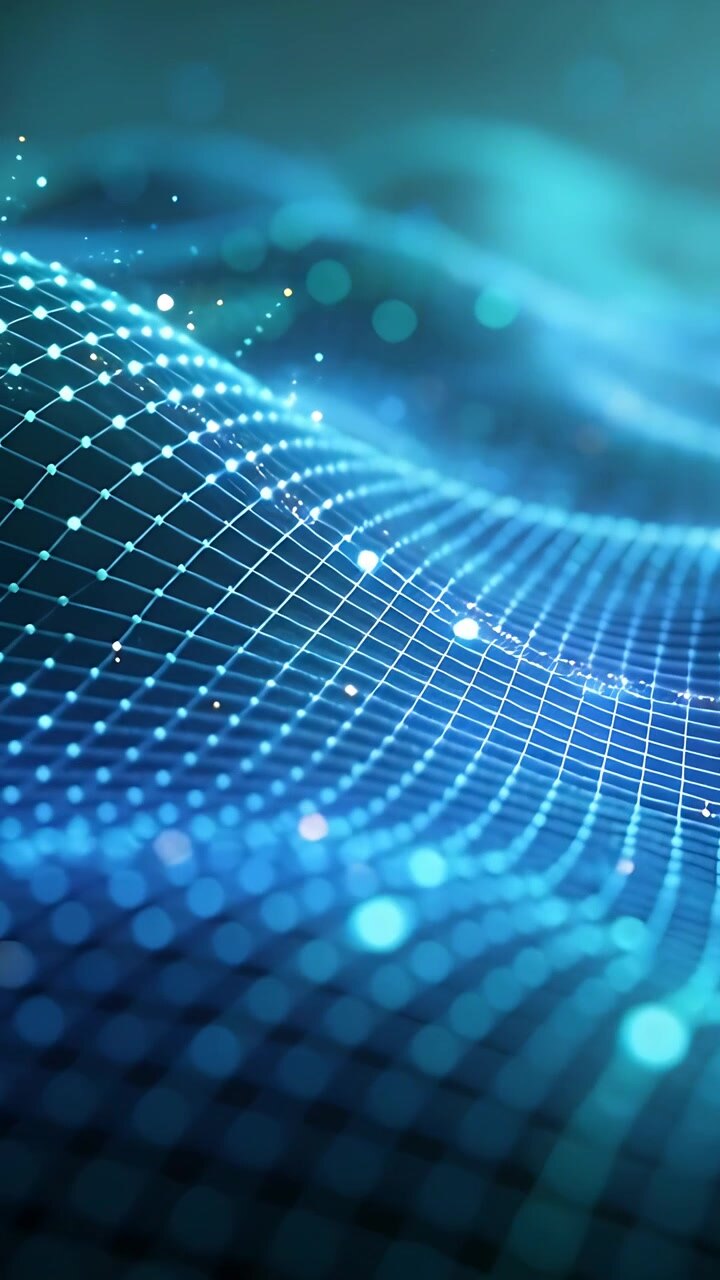Video vertical: Al reproducirse, una malla brillante ondea en un plano verde azulado mientras los nodos se desplazan, mostrando el flujo de datos