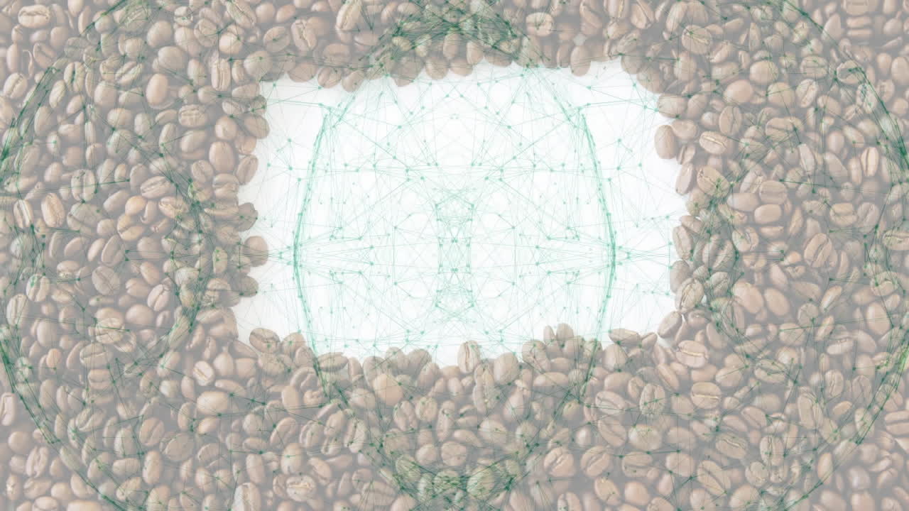 Roasted coffee beans forming circular ring around white center, displaying light-green network map