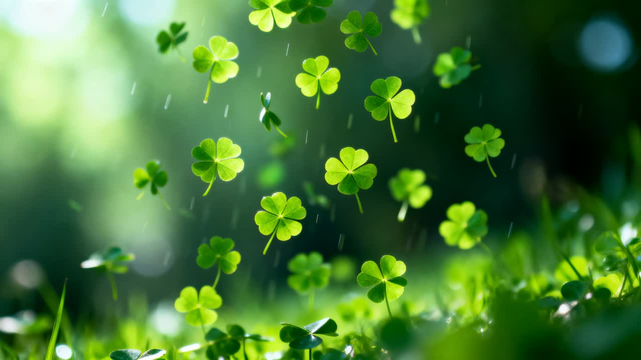 Drifting cluster of four-leaf clover leaves descending toward low grassy meadow, light rain falling