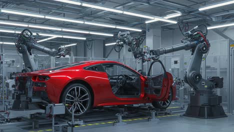 a red sports car being assembled by advanced robotic arms in a high-tech manufacturing facility, showcasing modern engineering and automation innovations