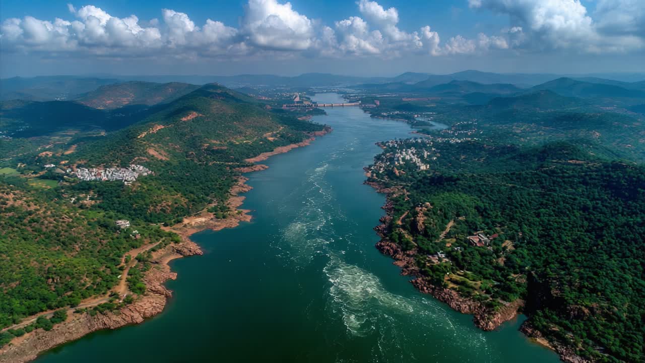 Aerial View of Serene River Landscape Surrounded by Lush Green Hills and Scenic Cloudy Sky, Capturing Nature's Tranquility and Vibrant Ecosystem
