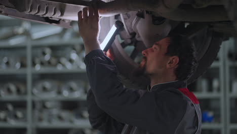 a man foreman inspects the exhaust system of a car