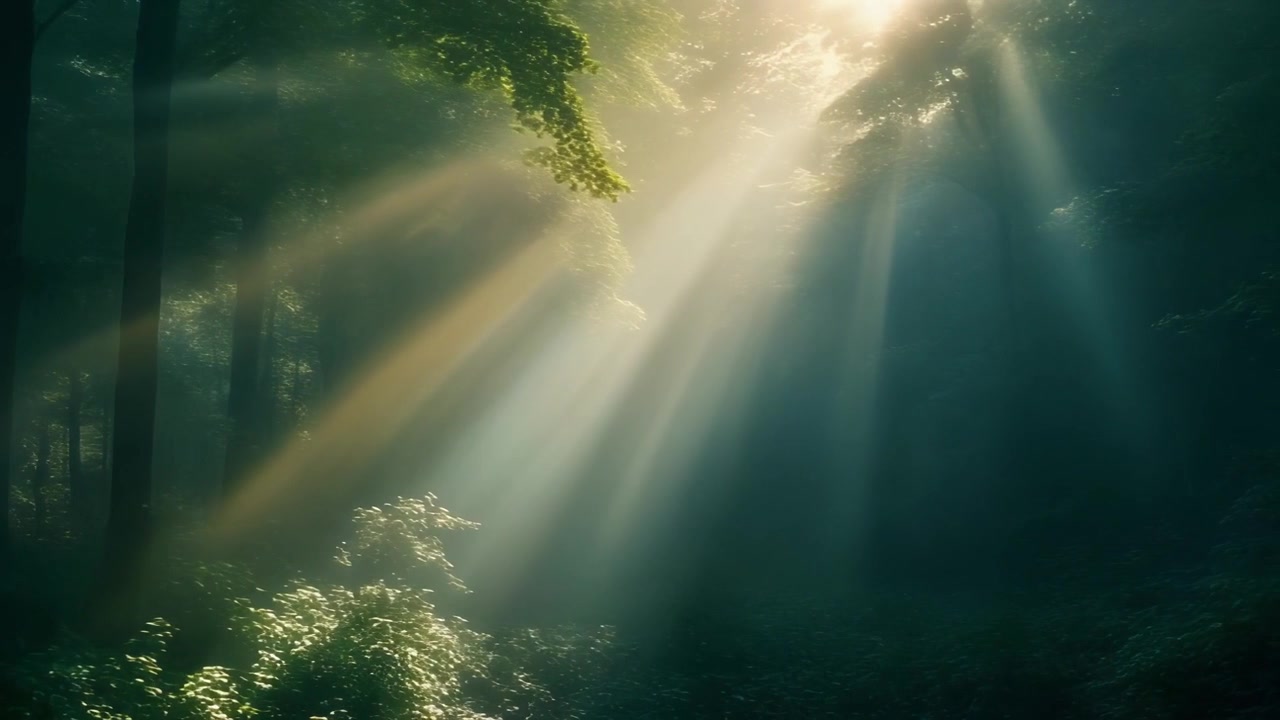 Auringonvalo siivilöityy puiden läpi sumuisessa metsässä