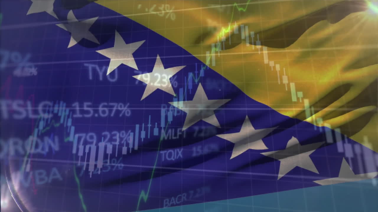 animación del procesamiento de datos financieros sobre la bandera de bosnia y herzegovina